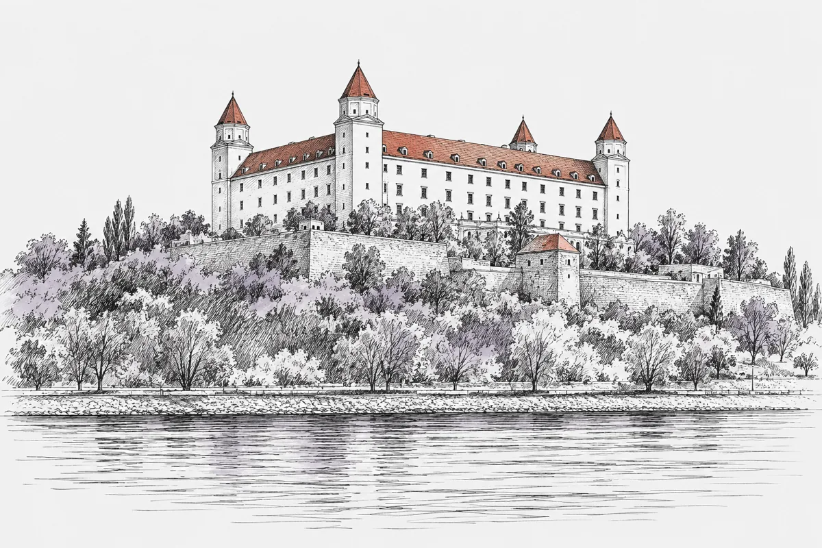 Ink illustration of Bratislava Castle above the Danube