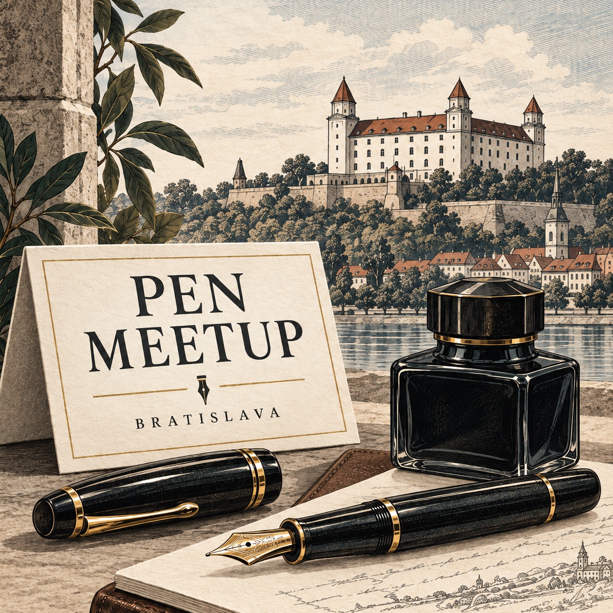 Pen Meetup Bratislava illustration with a fountain pen, ink bottle and Bratislava Castle
