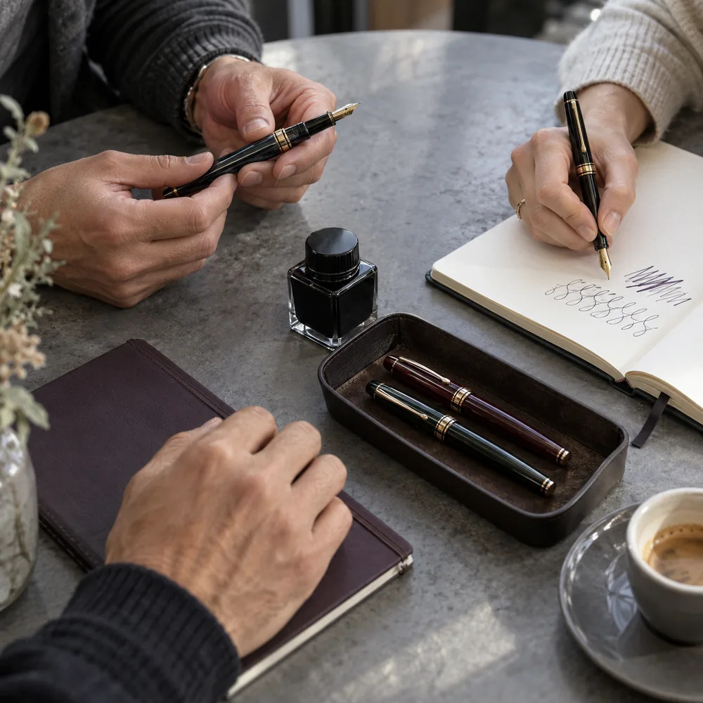 Illustrative scene of pen enthusiasts sharing fountain pens and notebooks around a table