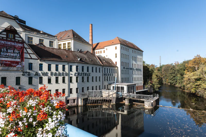 The historic Faber-Castell factory beside the River Rednitz in Stein.