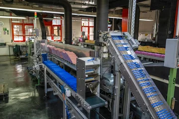 Blue pencils moving along the Faber-Castell production line.