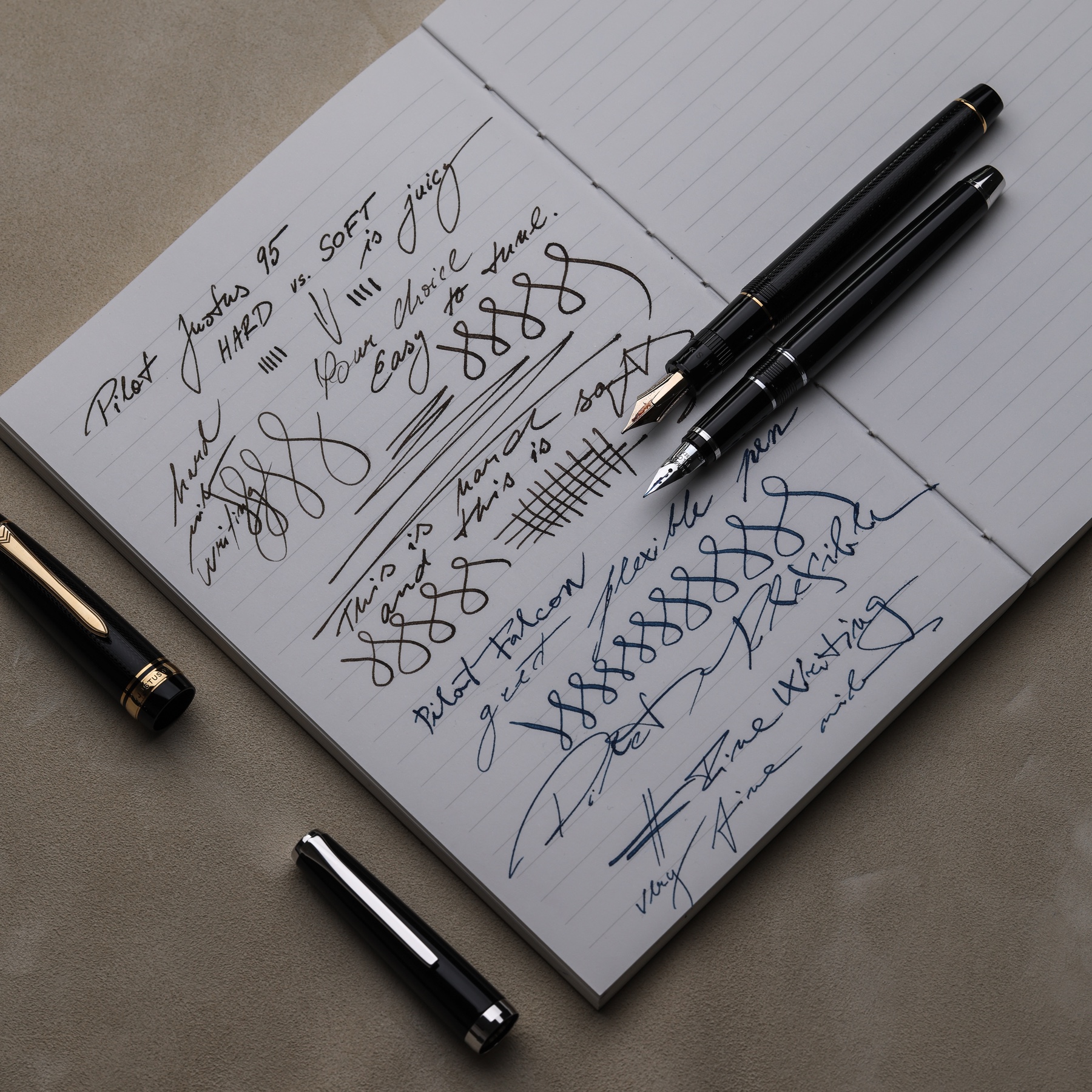 Overhead view of the Pilot Falcon and Justus 95 on a complete writing test