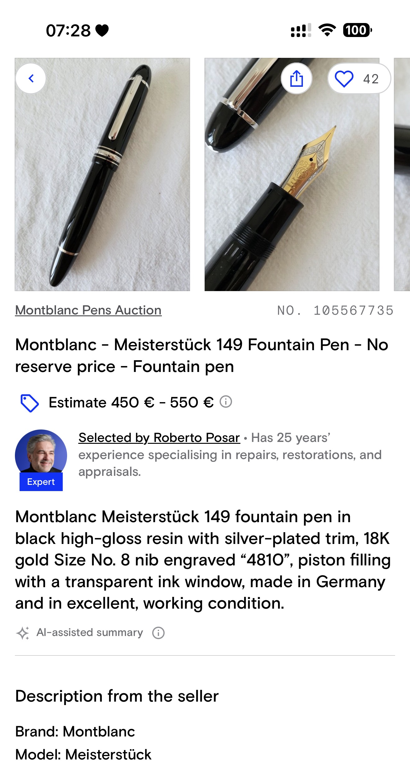 Screenshot of Catawiki listing 105567735, advertised as a Montblanc Meisterstück 149