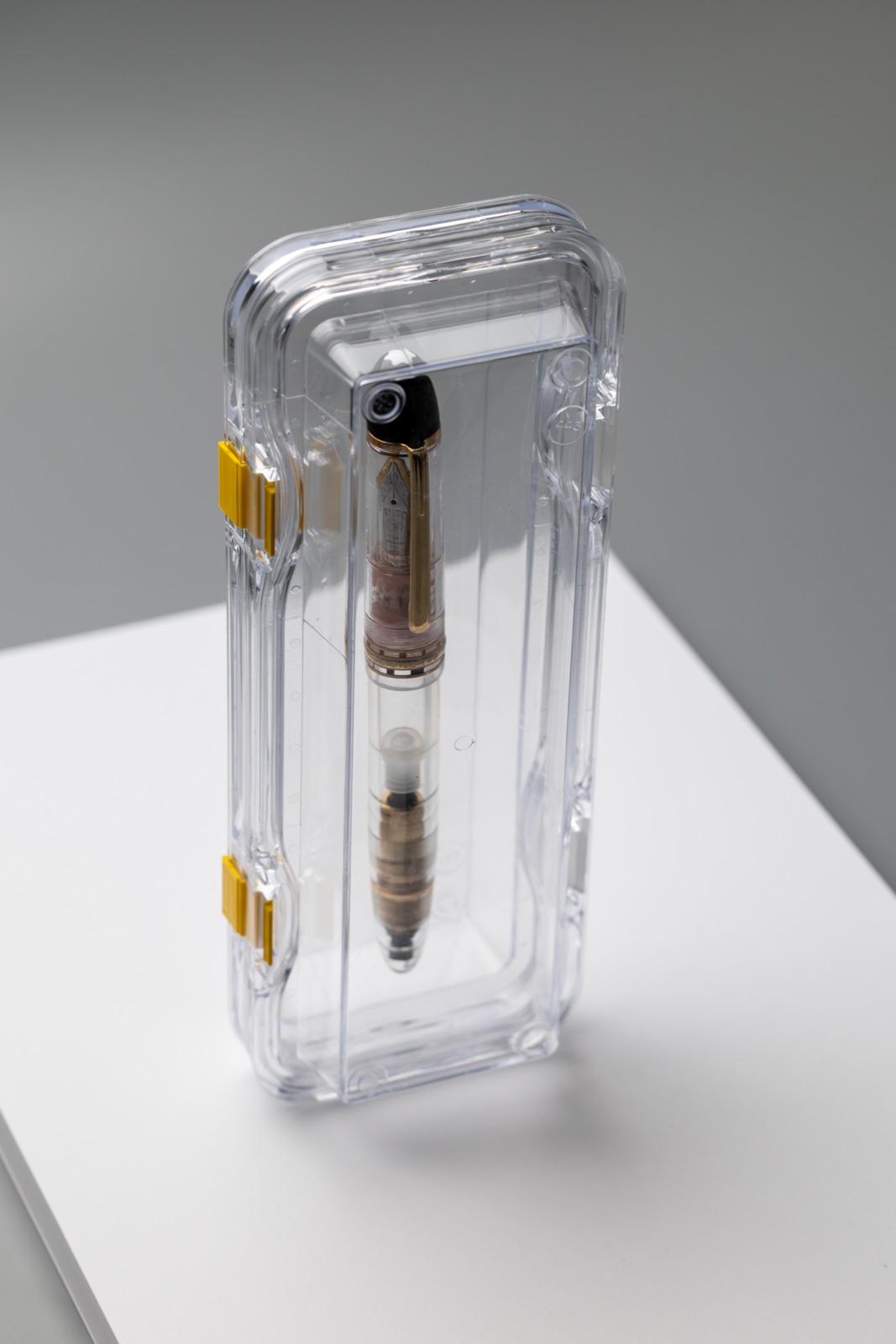 Angled view of the Montblanc Meisterstück 149 Demonstrator in a clear protective case, showing its gold-plated clip and transparent body
