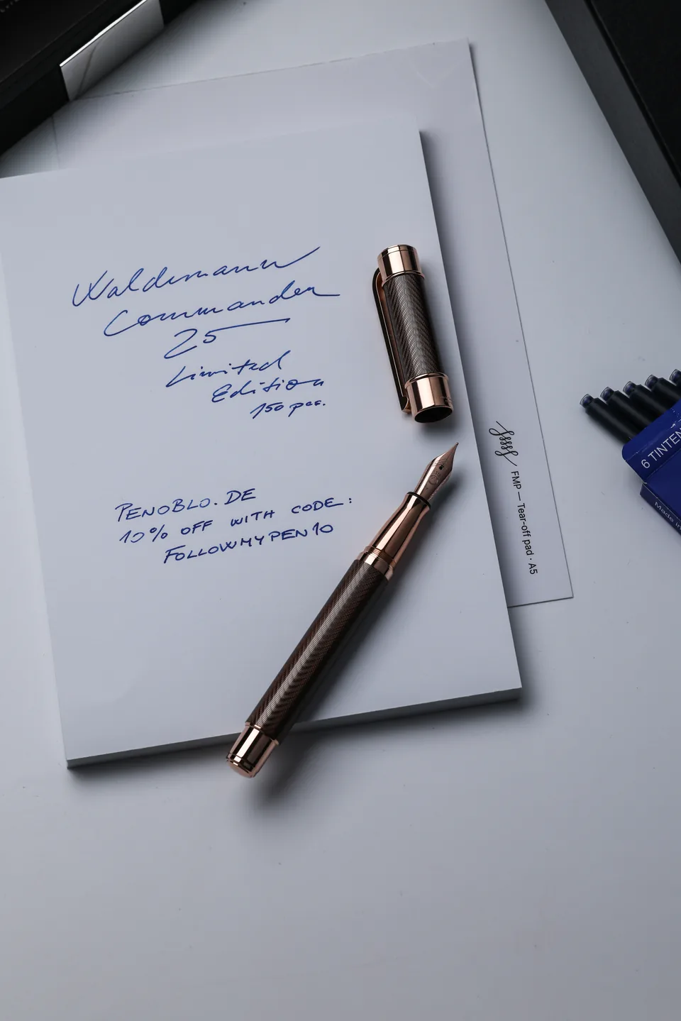 Waldmann Commander fountain pen on a handwritten note with the Penoblo discount code followmypen10