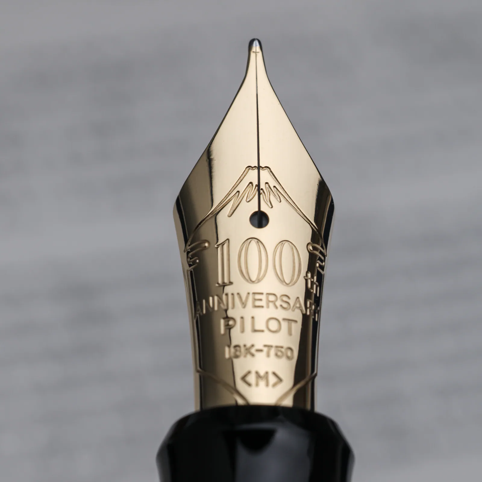 Close-up of the 18k gold medium nib on the Pilot Namiki Yukari Hotei-son 100th Anniversary fountain pen