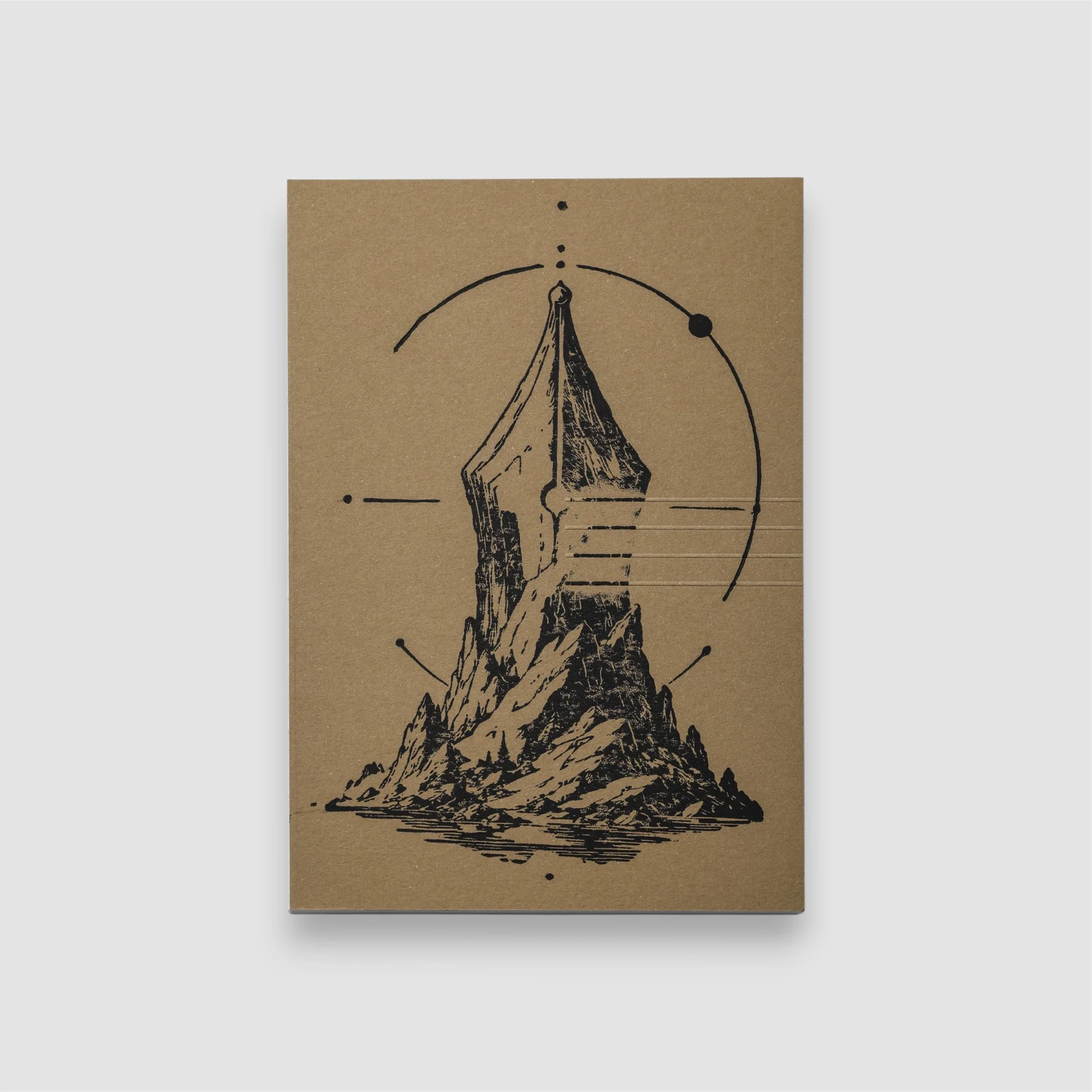 FMP Notebook No.1 ASCENT with black linocut artwork of a fountain pen nib rising from a mountain