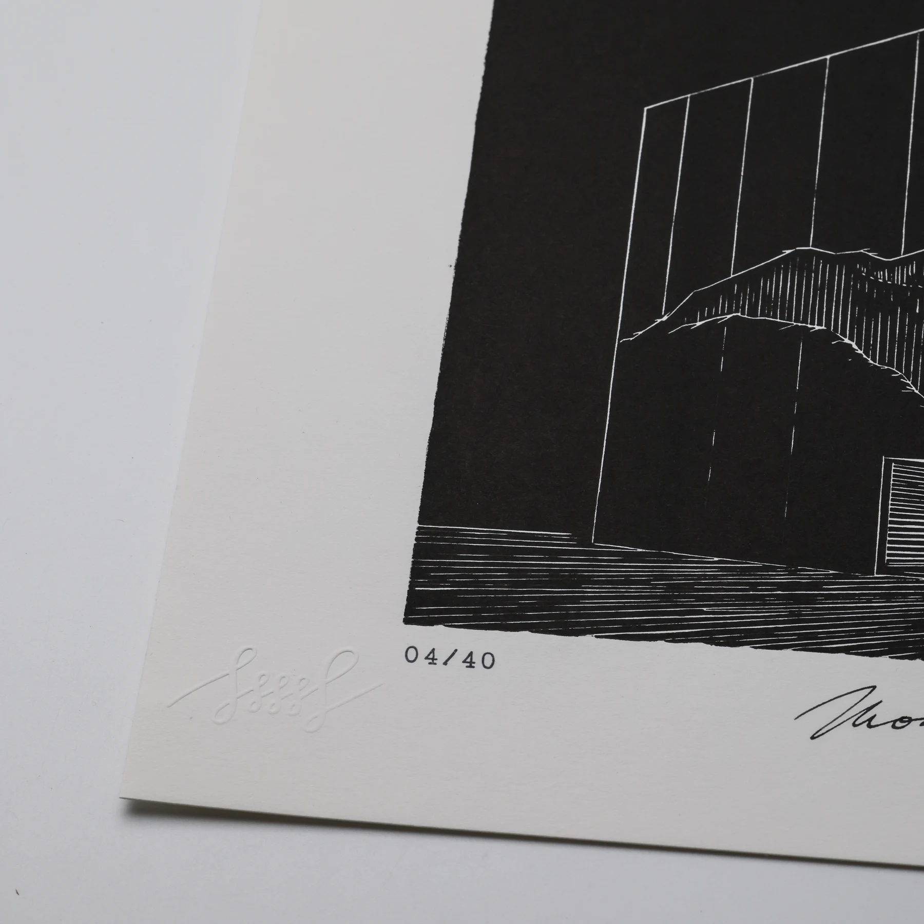 Detail of edition number 04/40, embossed mark and carved lines on the Montblanc Haus linocut