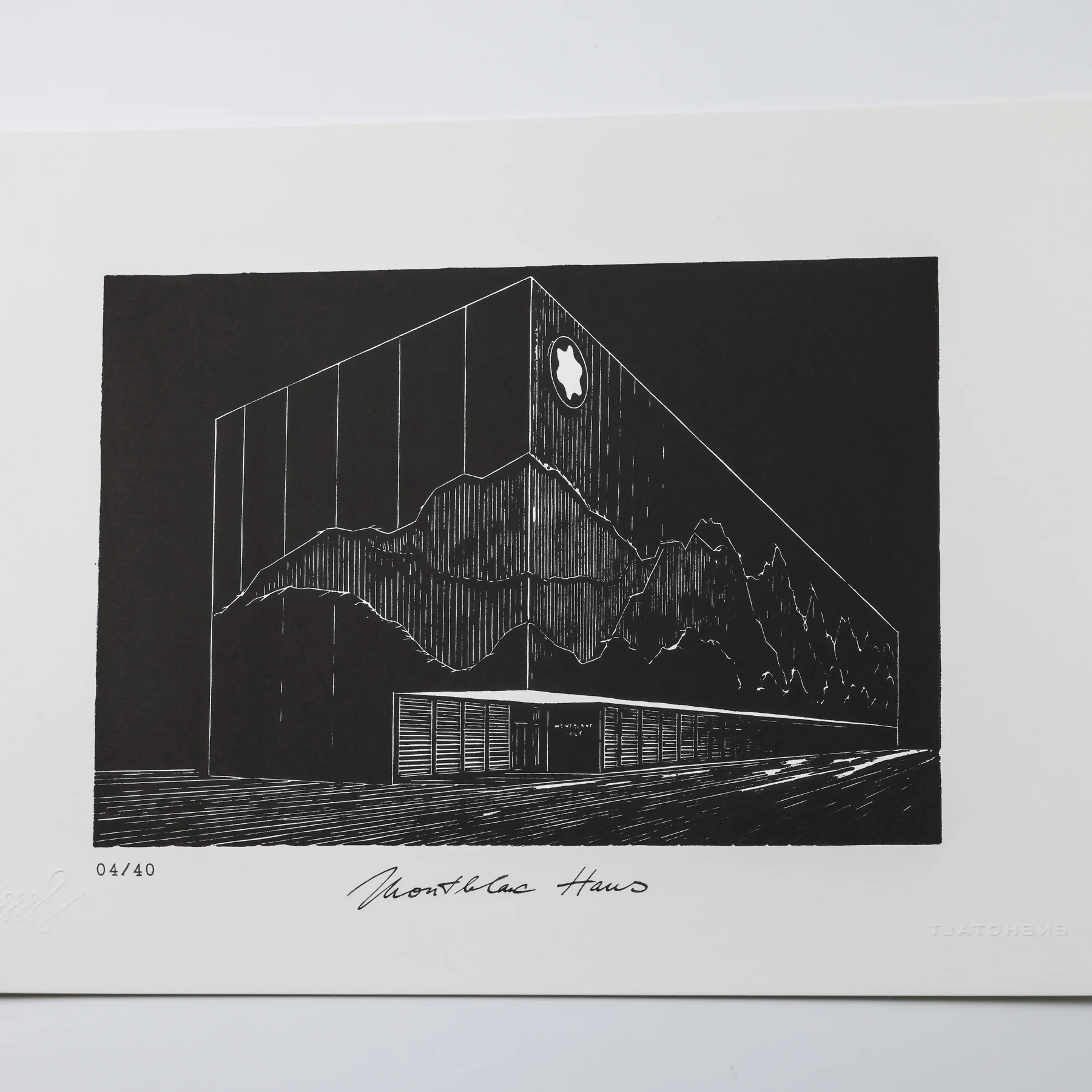 Full view of the black-and-white Montblanc Haus linocut with handwritten title and edition number 04/40